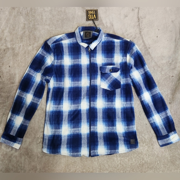 XL Plaid VTG 1946 Polar Fleece Zip Shirt Blue White NWT - Picture 5 of 10